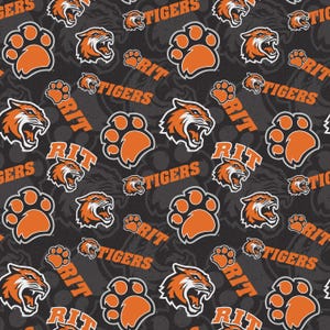 May include: A repeating pattern featuring orange tiger heads, paw prints, and the text "RIT" and "Tigers" on a dark gray background. The design is a repeating pattern of the university's mascot and logo.