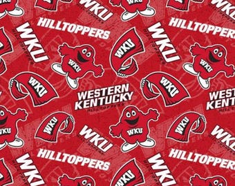 May include: A red fabric pattern featuring the Western Kentucky University Hilltoppers mascot, Big Red, alongside the text WKU, Hilltoppers, and Western Kentucky Hilltoppers in white. The design repeats these elements across the entire surface.