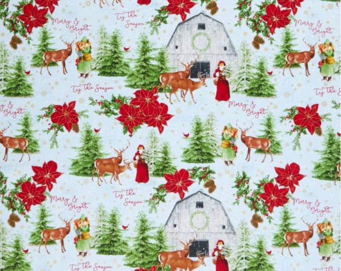 Tis The Season Merry and Bright Barn Deer Christmas Cotton Fabric 100% Cotton