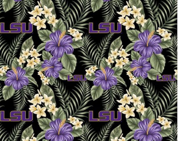 LSU Cotton Fabric Louisiana State Tigers 100% Cotton Hawaiian Floral Officially Licensed