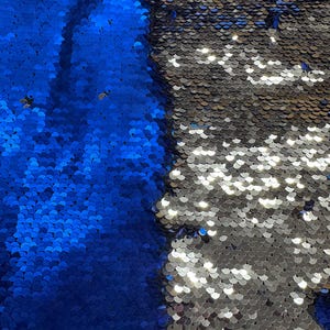 Royal Blue and Silver Mermaid Two Tone Flip Up Reversible Sequins Fabric by the Yard for Costumes, Home Decor, Gown, Crafts Sensory
