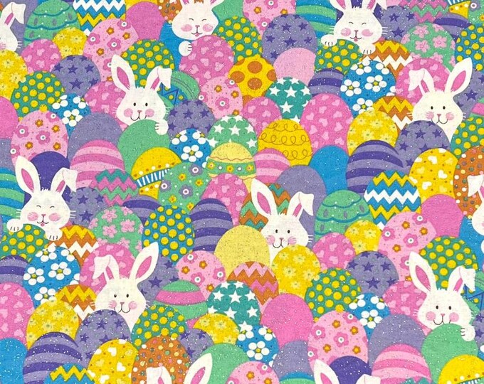 Bunnies and Eggs Glitter 100% Cotton fabric traditions