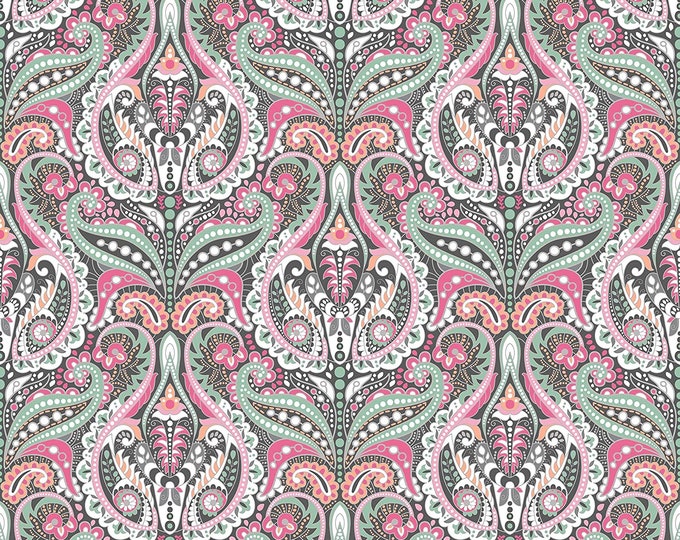 Colorful Damask Sherbet Colors Pink Sage, Peach, Grey,  Fabric 100% Cotton