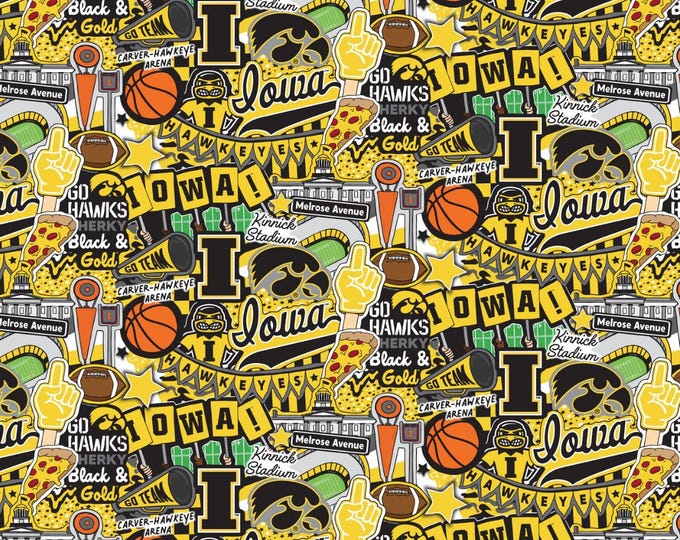 University of Iowa Hawkeyes Doodle Fabric 100% Cotton Officially Licensed