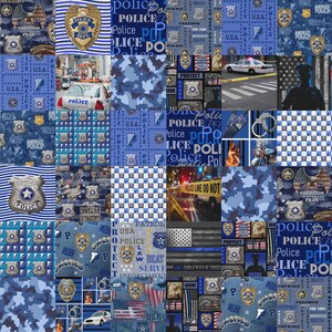 May include: A collage of images and patterns with a police theme. Includes police badges, American flags, police cars, camouflage patterns, and the word "POLICE" in various fonts and styles. The color scheme is primarily blue and white.