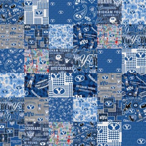 May include: A patchwork quilt featuring various blue and white fabric squares with Brigham Young University branding, including the Y logo, football helmets, cougar mascots, paisley patterns, polka dots, and text reading BYU Cougars.