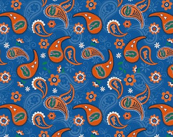 Tela de los Florida Gators 100% algodón con estampado paisley de Sykel Enterprises. Producto con licencia oficial.