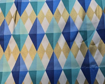 Blue, Teal, White & Gold Geometric Diamond Design Cotton Fabric 100% Cotton