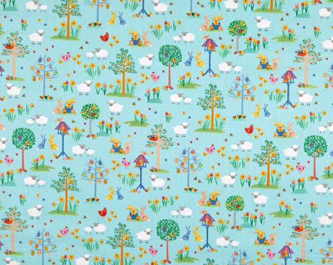 Makower UK Spring Spring Garden Teal 100% Cotton Easter Cotton Lamb Spring Bunnies Bunny