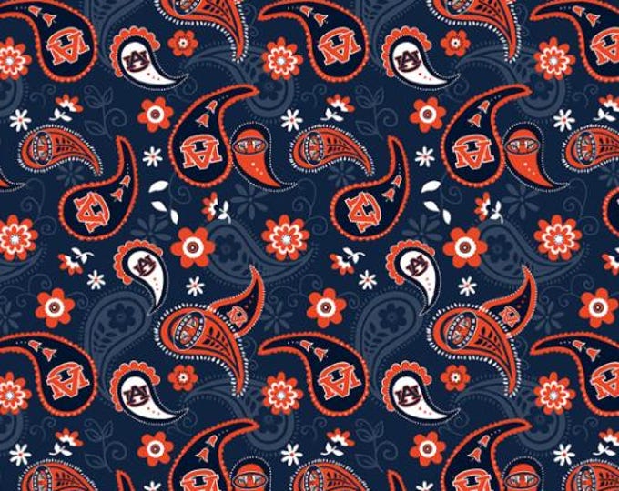 Auburn University Tigers Fabric 100% Cotton Paisley OOP Officially Licensed