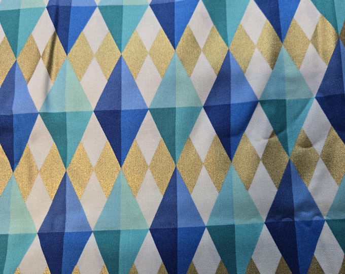 Blue, Teal, White & Gold Geometric Diamond Design Cotton Fabric 100% Cotton