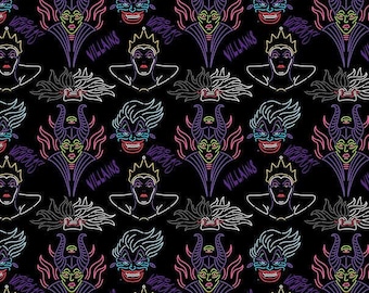 Disney Villains Villain Outline Black Cotton Fabric 100% Cotton Officially Licensed