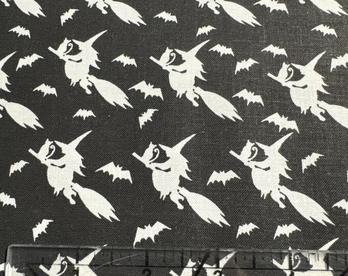 Witches Flying on broom with cat Halloween  Fabric 100% Cotton  Black and White