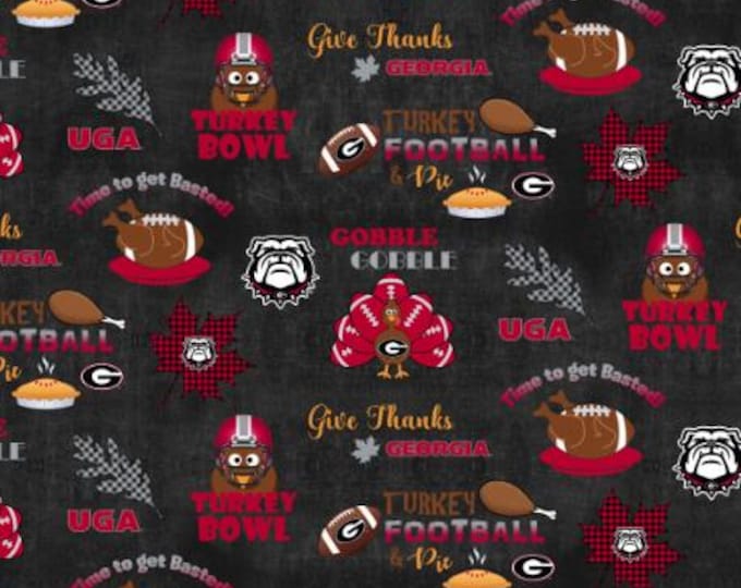 University of Georgia UGA Bulldogs NCAA Fabric 100% Cotton Turkey Bowl Thanksgiving.  Perfect for tablecloth, bibs, dog bandana, and more!