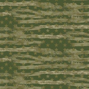 May include: A fabric pattern featuring a repeating design of the American flag rendered in shades of olive green and muted tan. The stars and horizontal stripes are depicted with a distressed, brushstroke texture across the entire surface.