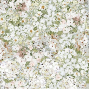 May include: An abstract floral pattern featuring a dense arrangement of white flowers with yellow centers, interspersed with pale pink and green foliage. The artwork has a textured, painterly quality, suggesting brushstrokes and depth.