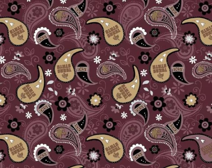 Texas State Bobcats TXST Fabric 100% Cotton Paisley Officially Licensed