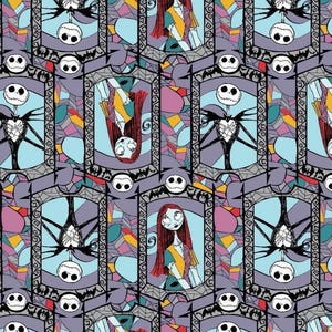 May include: A repeating pattern featuring characters from The Nightmare Before Christmas. The design includes Jack Skellington, Sally, and other thematic elements in a stained-glass style, with a color palette of purple, blue, and orange.