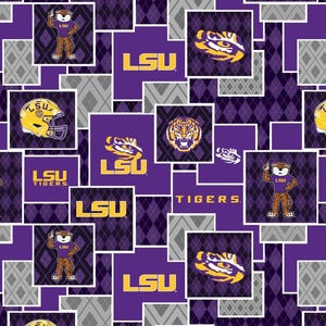 May include: A fabric pattern featuring the LSU Tigers logo, the text LSU, and the text TIGERS in yellow on a purple background. The design includes illustrations of a tiger mascot, a football helmet, and a tiger head, all set against argyle.
