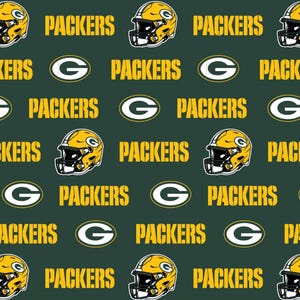 May include: A dark green fabric pattern featuring the repeating yellow text PACKERS, the white and green G logo, and a yellow football helmet with a white stripe and a green G logo, all arranged in a repeating grid layout across the surface.