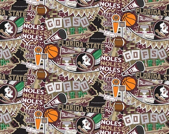 Könnte beinhalten: Ein sich wiederholendes Muster mit Elementen der Florida State University (FSU). Es zeigt Basketball, American Football, das Seminole-Kopf-Logo und Text wie "GO FSU", "NOLES" und "FLORIDA STATE". Die Farben sind Granatrot, Gold und Weiß.