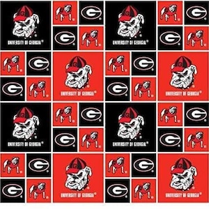 University Of Georgia Uga Bulldogs Fabric 100% Cotton Officially Licensed Geometric Block