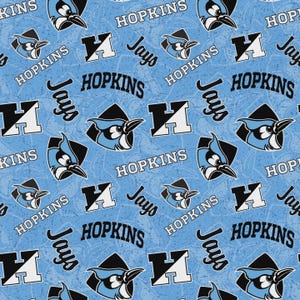 May include: A repeating pattern on a light blue background featuring the text "HOPKINS" and "Jays" in black and white. The design includes a stylized blue jay bird and the letter "H" in a black and white design.