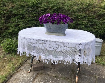 Vintage Oval Crochet Cotton Tablecloth,Hand Made,Throw,Cover,1980’s