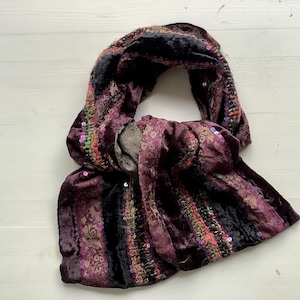 Vintage Scarf,Shawl,Velvet,Sequins,Damask,Threads,Purple,Black,soft Cotton Lined,Boho,French Handmade 1980’s