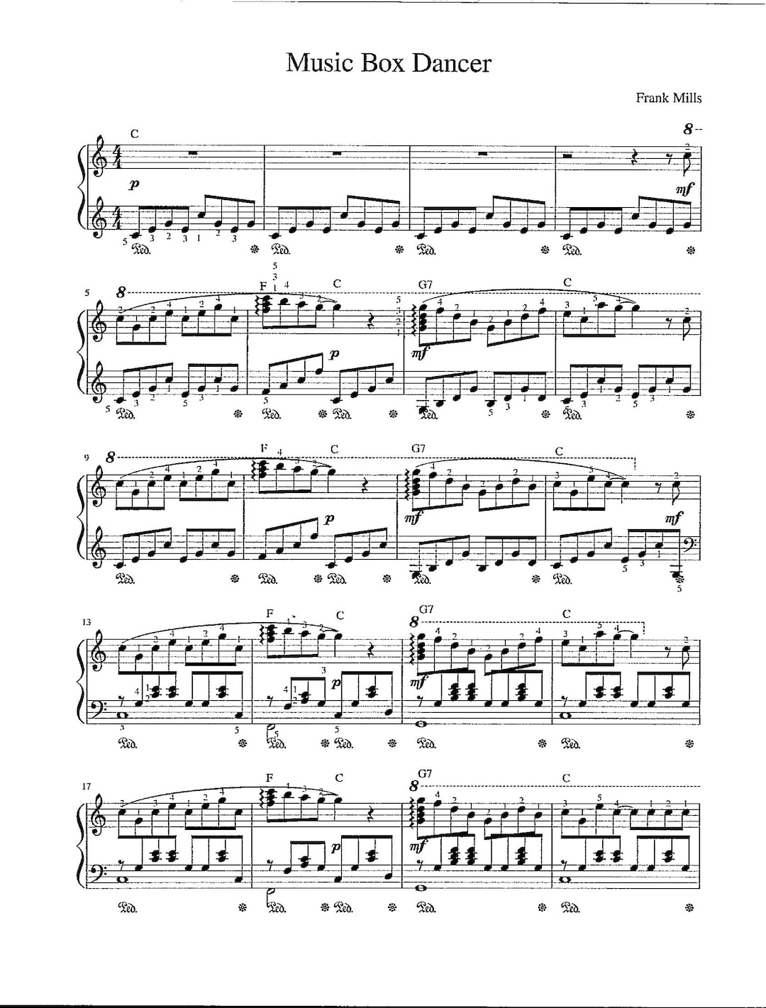 Digital Sheet Music Music Box Dancer Piano Solo Key of C Etsy