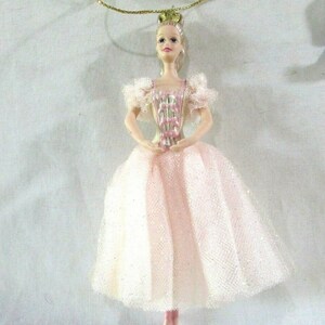 Vintage Avon Dancing Princess Ornament with Hanger Tiara Long Pink Tulle Gown 5&quot;Tall