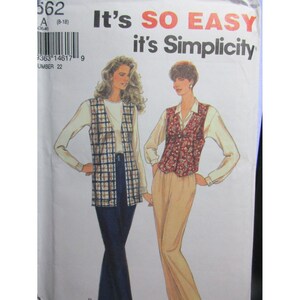 May include: A vintage sewing pattern labelled "It's SO EASY it's Simplicity" showing two women in vests. One vest is plaid, the other floral. The pattern number is 562, with sizes 8-18.