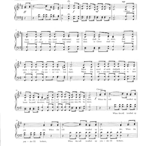 Puede incluir: Una página de partitura musical con el título "When the Roll is Called Up Yonder" y letras para un himno. La música está escrita en sol mayor e incluye un coro.