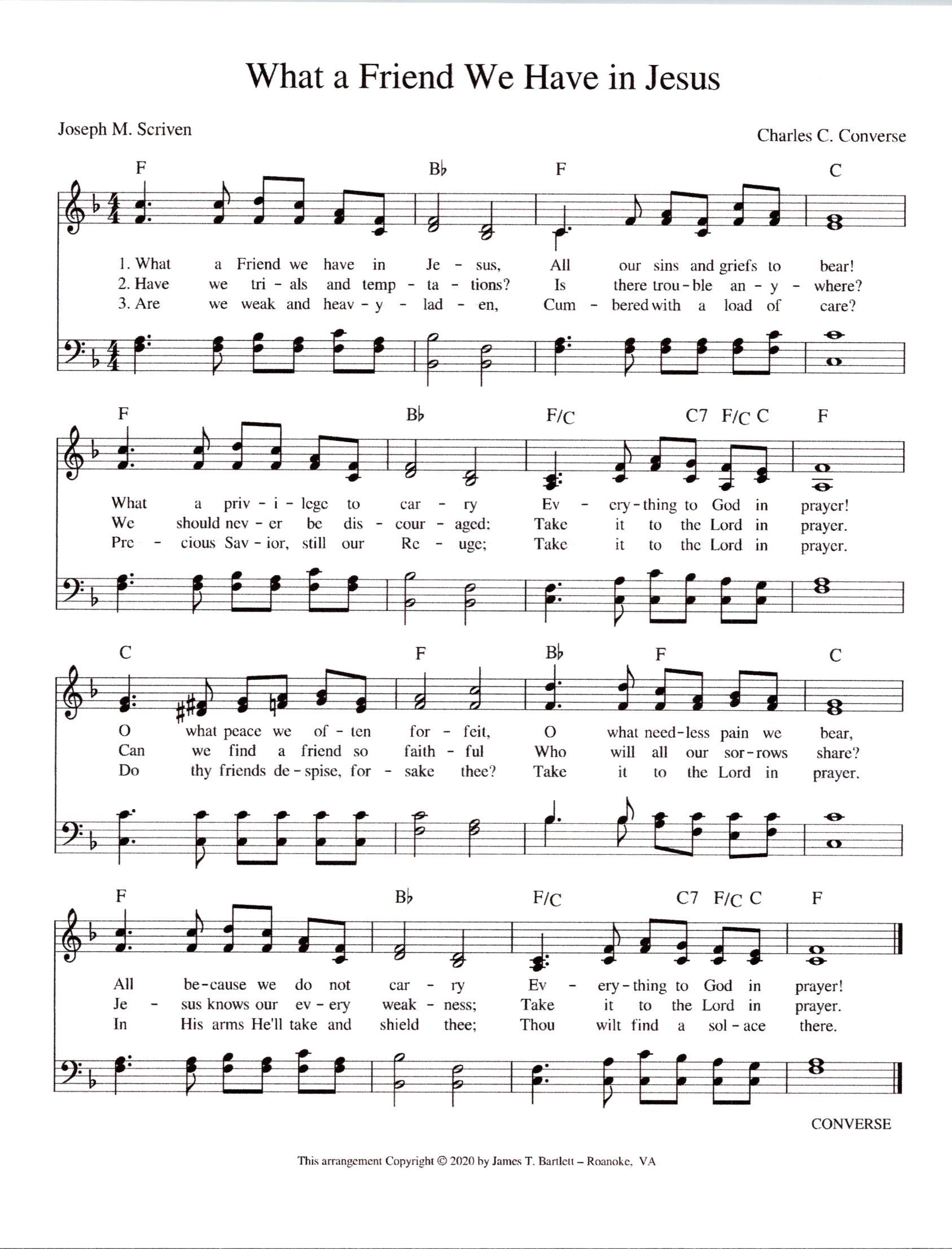 What a Friend We Have in Jesus - Digital Hymn Tune Piano and Lyrics - Key of F
