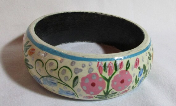 Vintage Floral Painted Wood Cuff Bracelet 7" for … - image 2