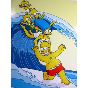 May include: A colorful cartoon image of the Simpson family surfing a large blue wave. Homer is at the bottom, followed by Marge, Lisa, Bart, and Maggie. The characters are in swimwear, with a yellow and light blue background.