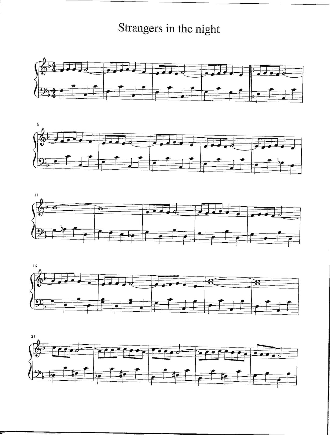 Strangers in the Night - Digital Download Easy Piano Solo - Key of