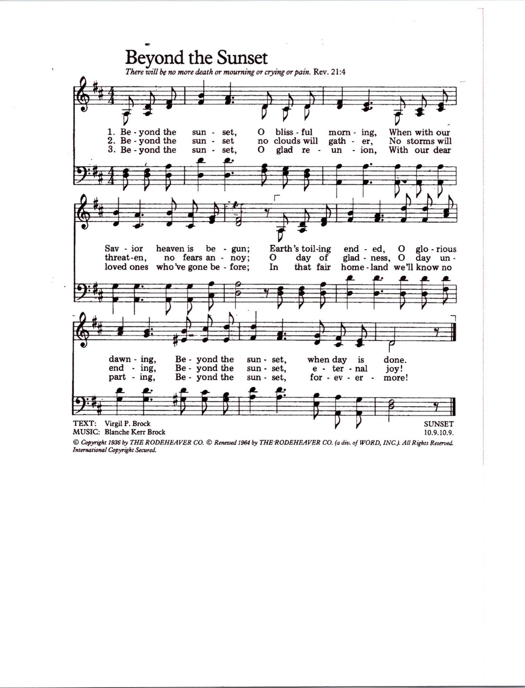 Beyond the Sunset Digital Hymn Tune Piano and Lyrics Key of D Etsy