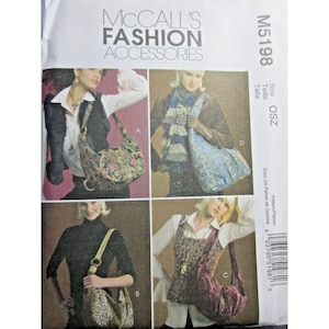 May include: McCall's Fashion Accessories pattern featuring four different handbag designs. The bags vary in shape and pattern, including floral, paisley, and animal print. The pattern number is M5198, and the size is OSZ.