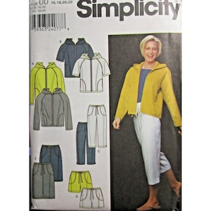 May include: Simplicity sewing pattern envelope featuring illustrations of hooded jackets, pants, and shorts in various lengths. The cover displays a person wearing a yellow hooded jacket over a blue top and white cropped pants, with size range UU 16, 18, 20, 22.