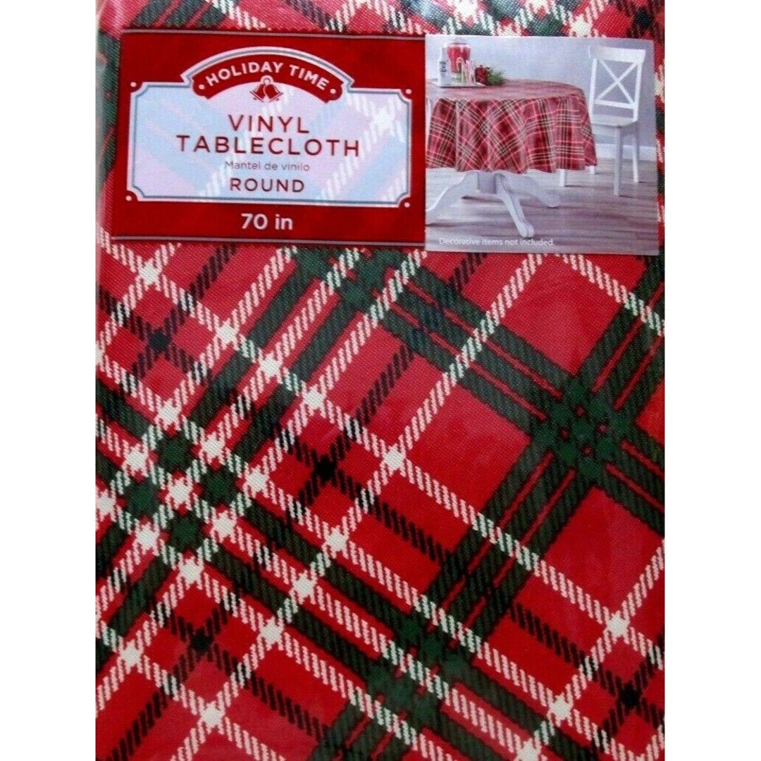 Red Plaid 70 Round Vinyl Tablecloth Holiday Time W/backing Picnic