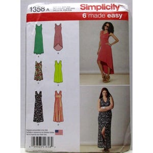 Puede incluir: Patrón de costura Simplicity 1358 A. El patrón presenta seis diseños de vestidos, incluyendo un vestido largo verde, un vestido con dobladillo alto-bajo y un vestido con estampado floral. El paquete tiene el texto "6 made easy".