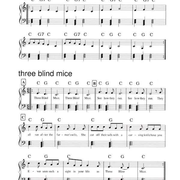 Frere Jacques + Three Blind Mice (Teaching Arrangements) - Digital Early Piano with Chords C & G7 - Key of C