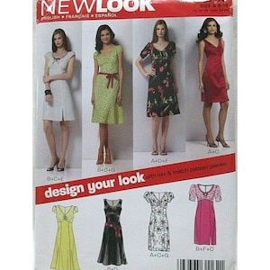 May include: A sewing pattern for a dress with different design options. The pattern includes a black and white floral print, a red dress, a green dress, and a yellow dress. The pattern is for sizes 8-18.