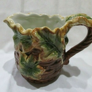Porcelain Cream Pitcher Woodland Basket Weave Theme with Leaves Brown Green