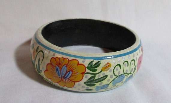 Vintage Floral Painted Wood Cuff Bracelet 7" for … - image 1
