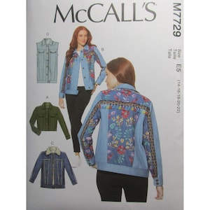 May include: McCall's sewing pattern M7729 showing denim jackets with floral embroidery. The pattern includes views of a denim vest, a green jacket, and a denim jacket with a faux fur collar. Size E5 (14-16-18-20-22).