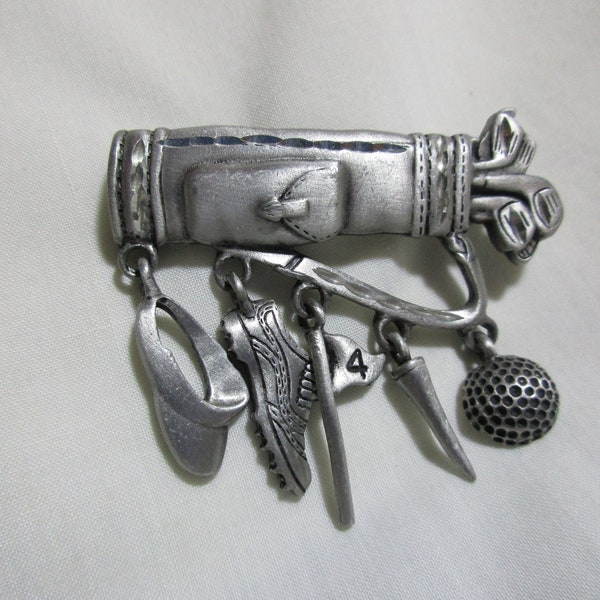 JJ Signed Pewter Brooch Pin Golf Bag & Clubs plus Charms: Ball Tee Flag Shoes Hat