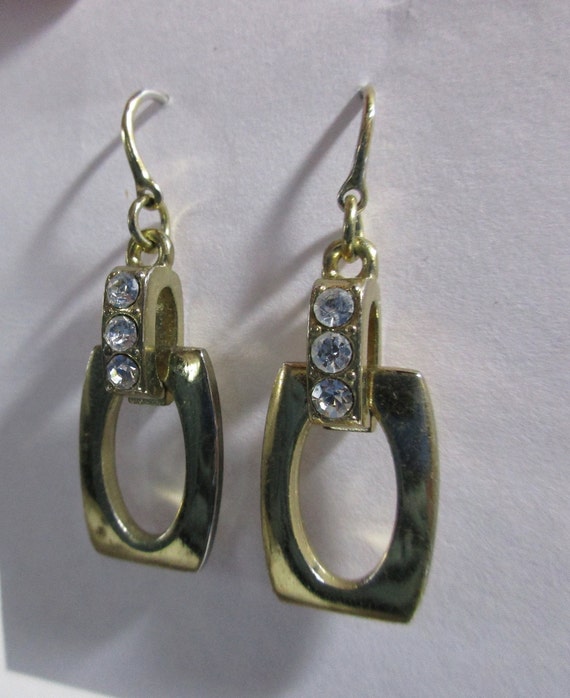 Gold Tone Dangling Rectangles with 3 Rhinestones … - image 1
