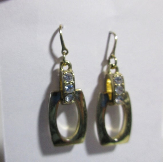 Gold Tone Dangling Rectangles with 3 Rhinestones … - image 2